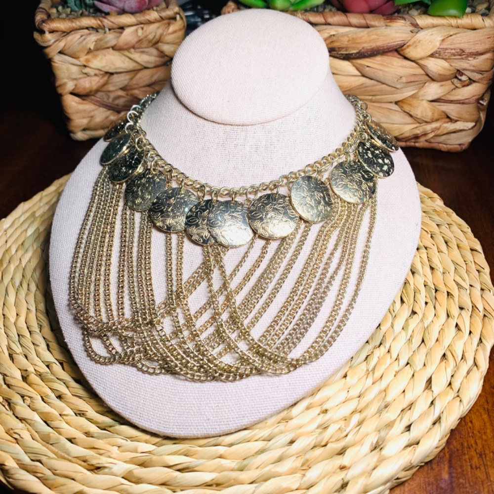 Stunning Etched Gold Coin and Chain Bib Necklace!